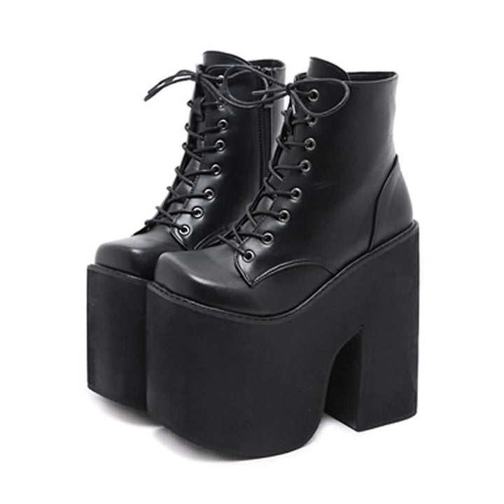 Black Gothic Punk Lace Up Chunky Platform Ankle Boots - Vedlit