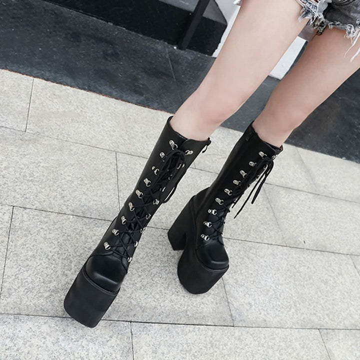 Black Gothic Punk Lace Up Mid Calf Chunky Platform Boots - Vedlit