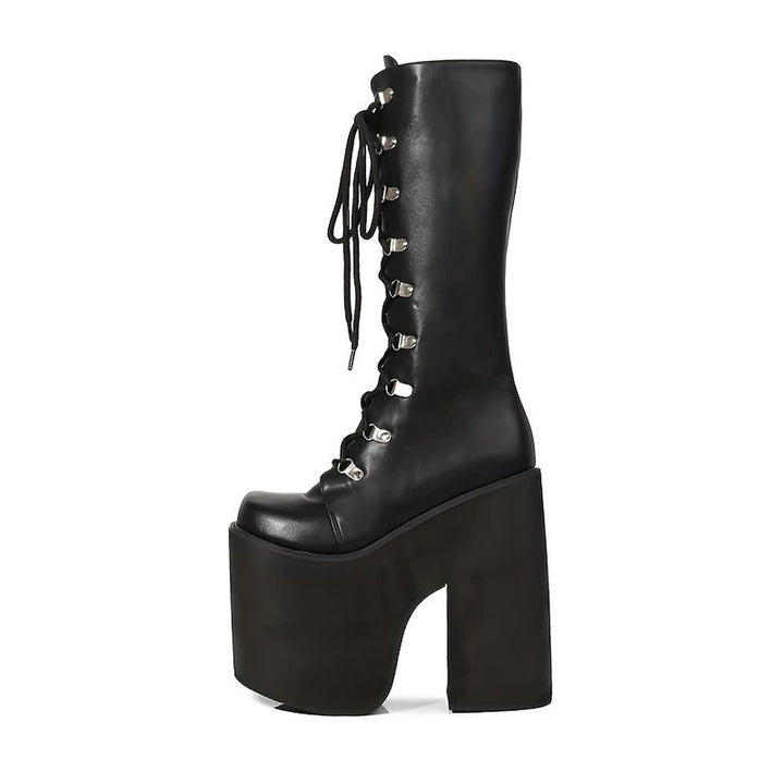 Black Gothic Punk Lace Up Mid Calf Chunky Platform Boots - Vedlit