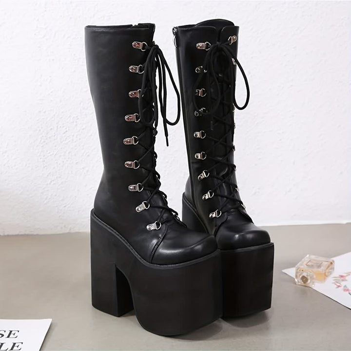 Black Gothic Punk Lace Up Mid Calf Chunky Platform Boots - Vedlit