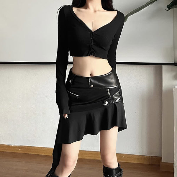 Black Gothic Punk Leather Asymmetrical Mini Skirt - Vedlit