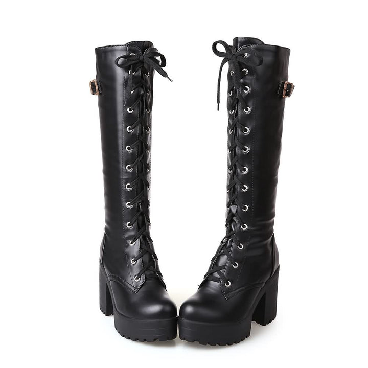 Black Gothic Punk Leather Lace Up Knee High Platform Boots - Vedlit