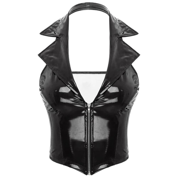 Black Gothic Punk Patent Leather Halter Top - Vedlit