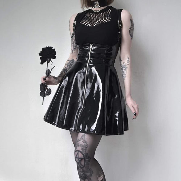 Black Gothic Punk Patent Leather Overall Skirt - Vedlit