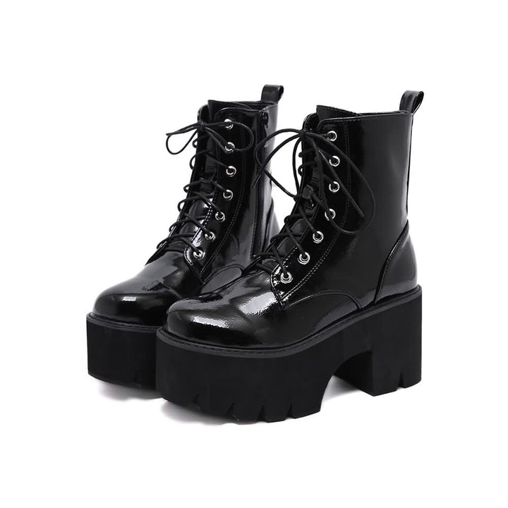 Black Gothic Punk Patent Leather Platform Ankle Boots - Vedlit