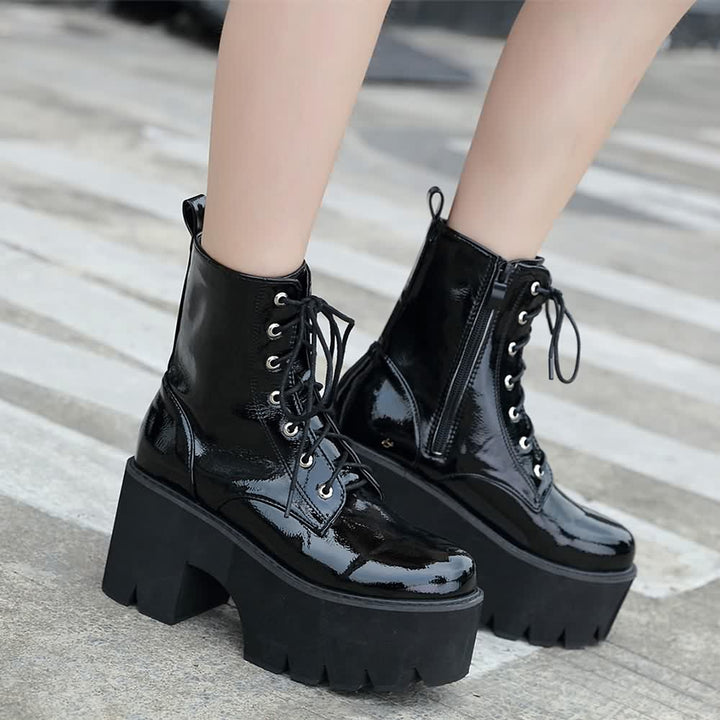 Black Gothic Punk Patent Leather Platform Ankle Boots - Vedlit