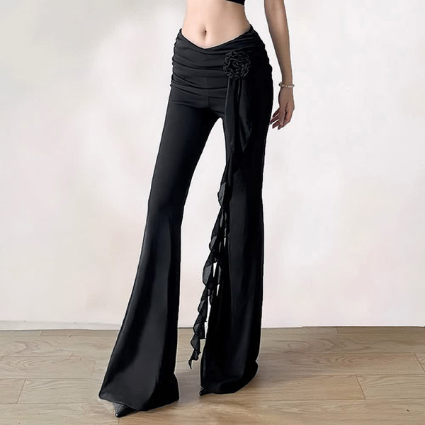 Black Gothic Ruched High Waist Flare Pants - Vedlit