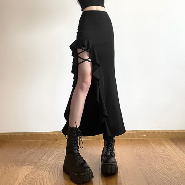 Black Gothic Ruffle Slit Midi Skirt - Vedlit