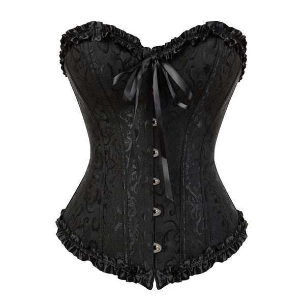 Black Gothic Ruffle Trim Hourglass Overbust Corset - Vedlit