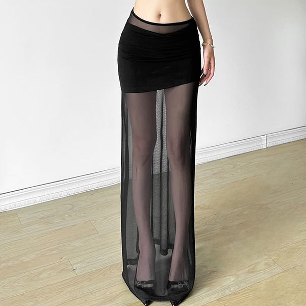 Black Gothic Sheer Mesh Overlay Maxi Skirt - Vedlit