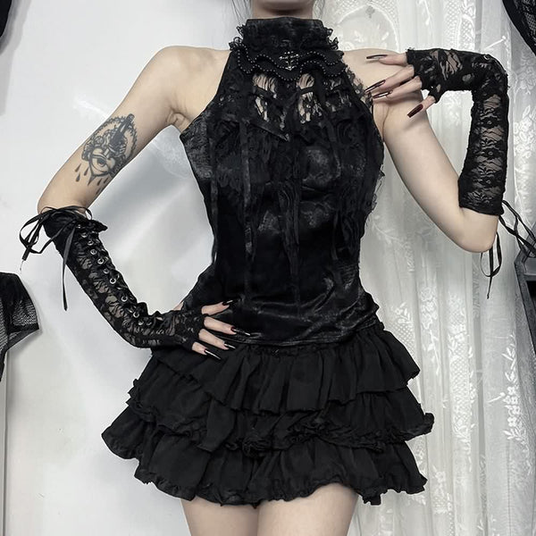 Black Gothic Sleeveless Halter Top - Vedlit