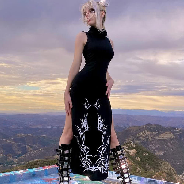 Black Gothic Sleeveless High Side Slit Midi Dress - Vedlit