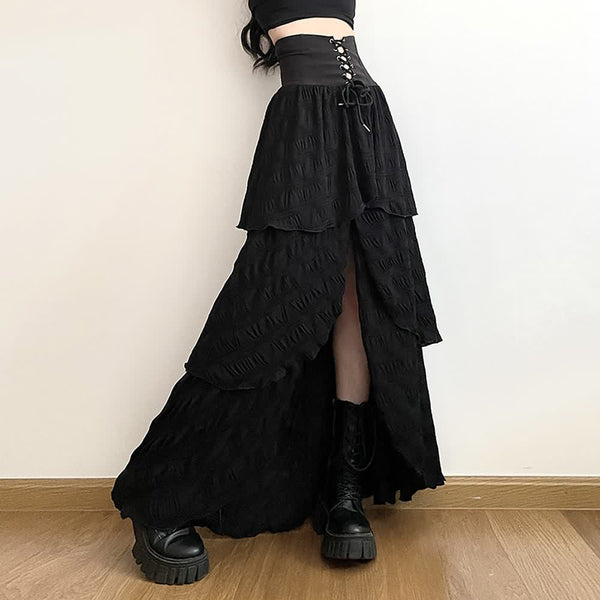 Black Gothic Slit Layered Maxi Skirt - Vedlit