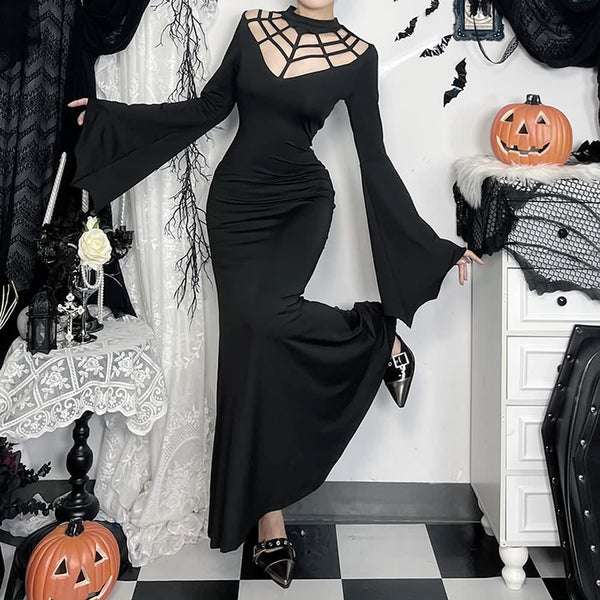 Black Gothic Spiderweb Neckline Bell Sleeve Maxi Dress - Vedlit