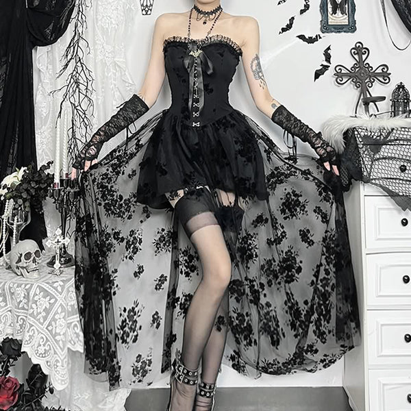 Black Gothic Strapless Lace Overlay Corset Dress - Vedlit