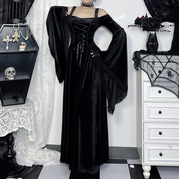 Black Gothic Velvet Lace Up Bell Sleeve Maxi Dress - Vedlit