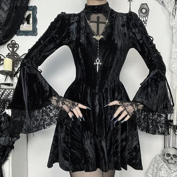 Black Gothic Velvet Long Sleeve Mini Dress - Vedlit