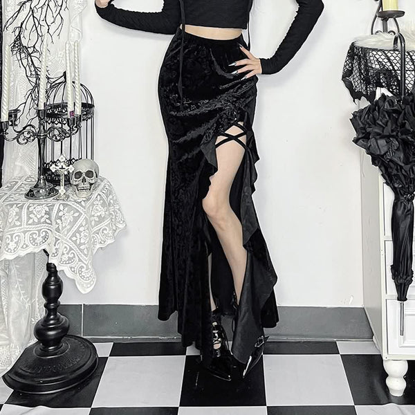 Black Gothic Velvet Ruffle Slit Maxi Skirt - Vedlit