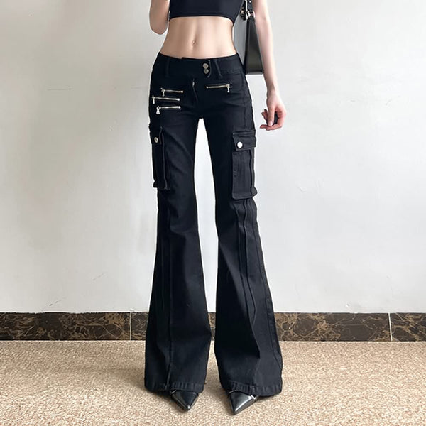 Black Gothic Y2K Cargo Flare Jeans - Vedlit