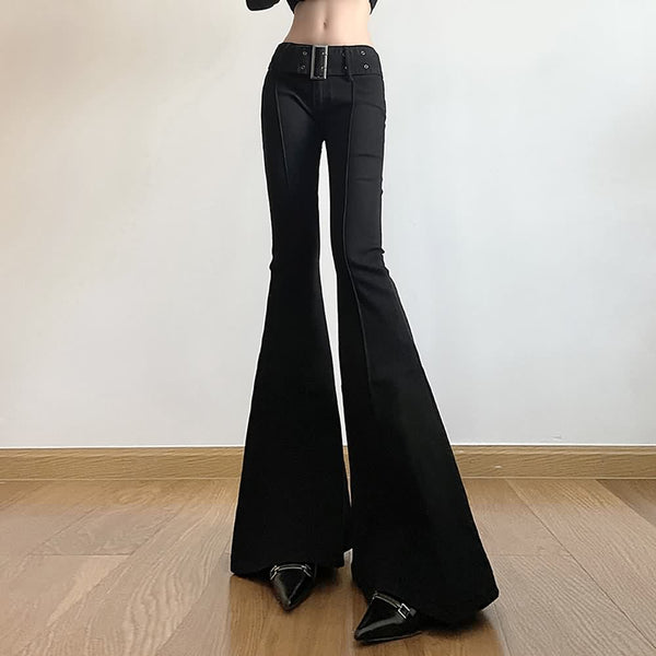 Black High Waist Bell Bottom Pants With Belt Detail - Vedlit