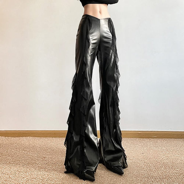 Black Leather Ruffle High Waist Flare Pants - Vedlit