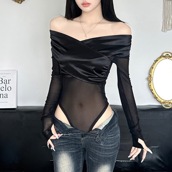 Black Mesh Off The Shoulder Long Sleeve Bodysuit - Vedlit