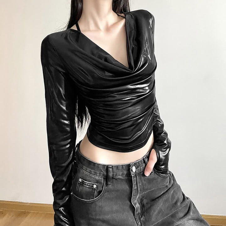 Black Metallic Leather Long Sleeve Crop Top - Vedlit