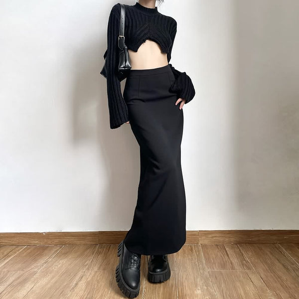 Black Minimalist High Waist Back Slit Maxi Skirt - Vedlit