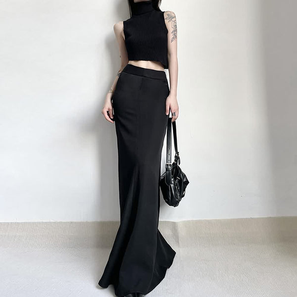 Black Minimalist High Waist Long Skirt - Vedlit