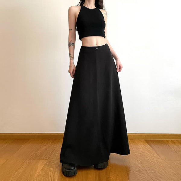 Black Minimalist High-Waisted Flowy Maxi Skirt - Vedlit