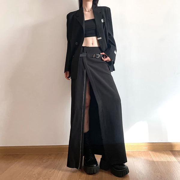 Black Minimalist High-Waisted Zipper Slit Maxi Skirt - Vedlit