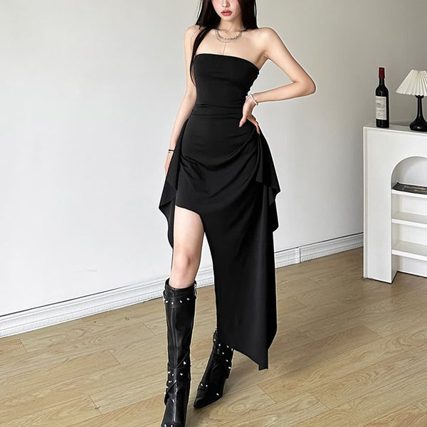 Black Off The Shoulder Asymmetrical Dress - Vedlit