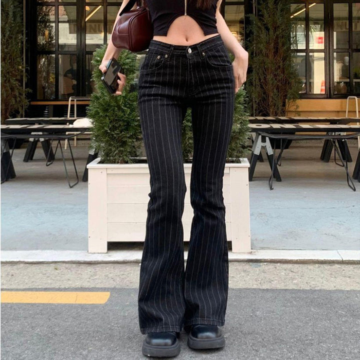 Black Pinstripe Flared High Waist Jeans Y2K Style - Vedlit
