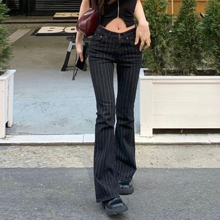 Black Pinstripe Flared High Waist Jeans Y2K Style - Vedlit