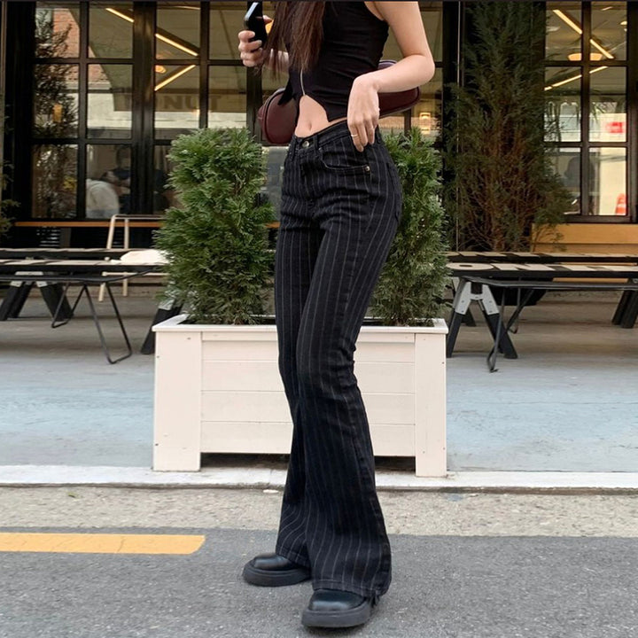 Black Pinstripe Flared High Waist Jeans Y2K Style - Vedlit