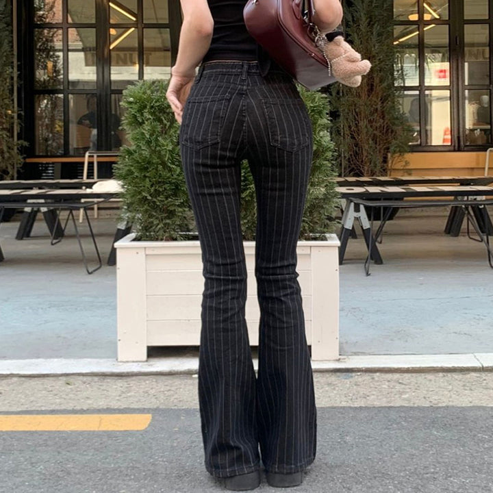 Black Pinstripe Flared High Waist Jeans Y2K Style - Vedlit