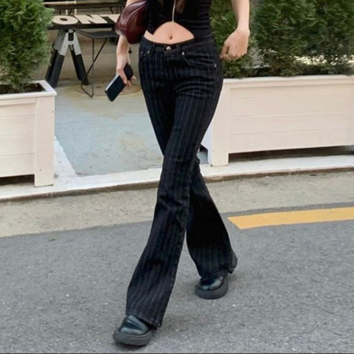 Black Pinstripe Flared High Waist Jeans Y2K Style - Vedlit