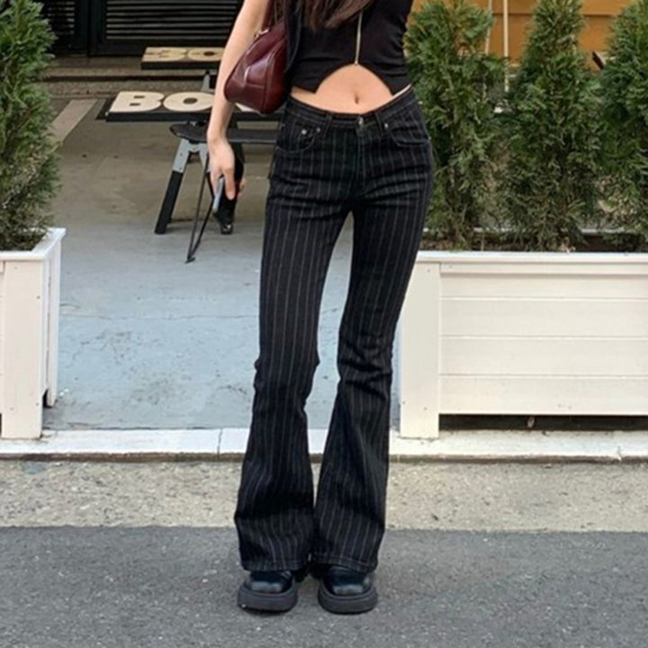 Black Pinstripe Flared High Waist Jeans Y2K Style - Vedlit
