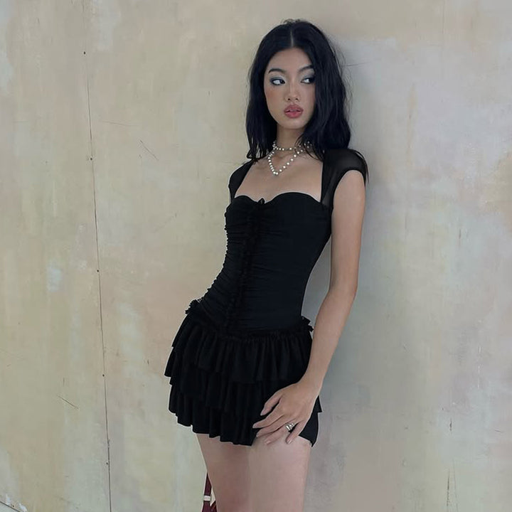 Black Ruched Tiered Mini Dress with Cap Sleeves - Vedlit