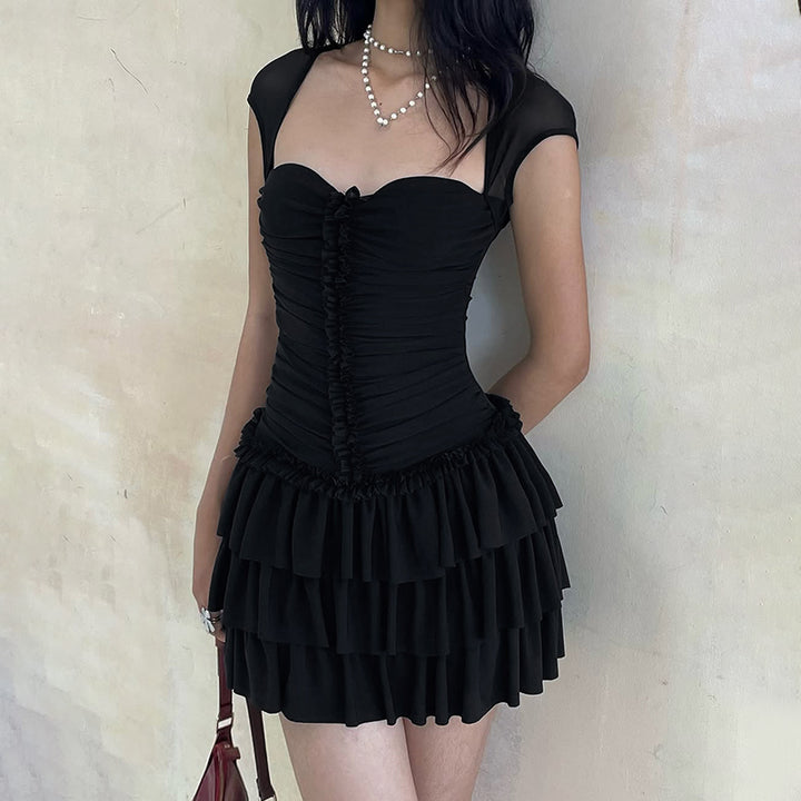 Black Ruched Tiered Mini Dress with Cap Sleeves - Vedlit