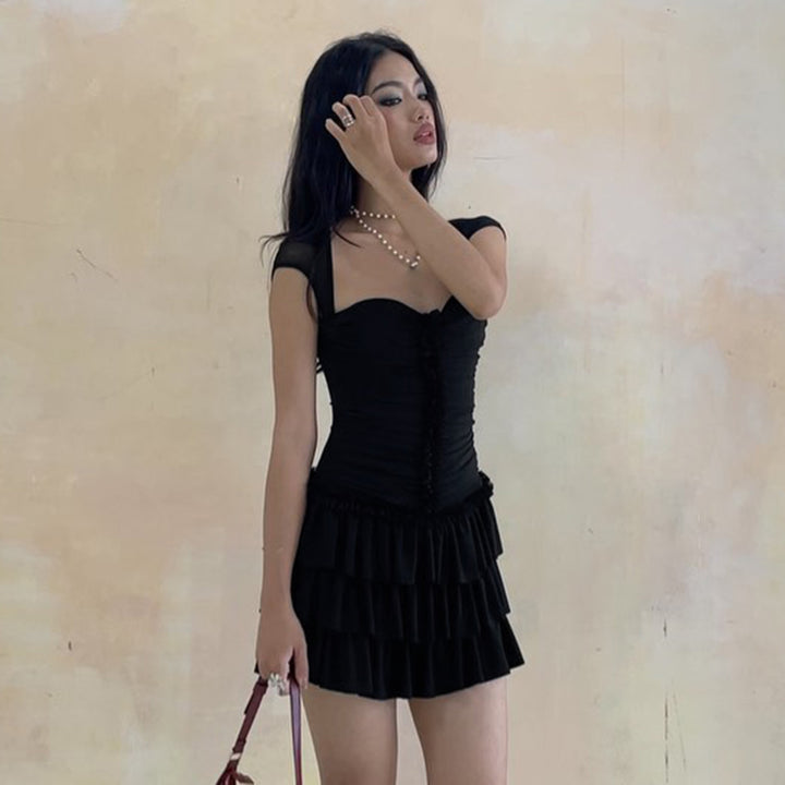 Black Ruched Tiered Mini Dress with Cap Sleeves - Vedlit