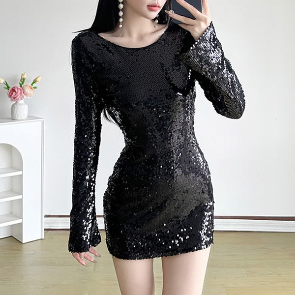 Black Sequin Bodycon Backless Mini Dress - Vedlit