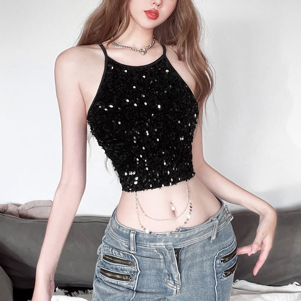 Black Sequin Open Back Crop Top - Vedlit