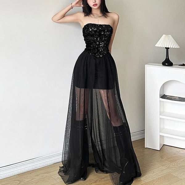 Black Sheer Mesh Sequin Strapless Maxi Dress - Vedlit