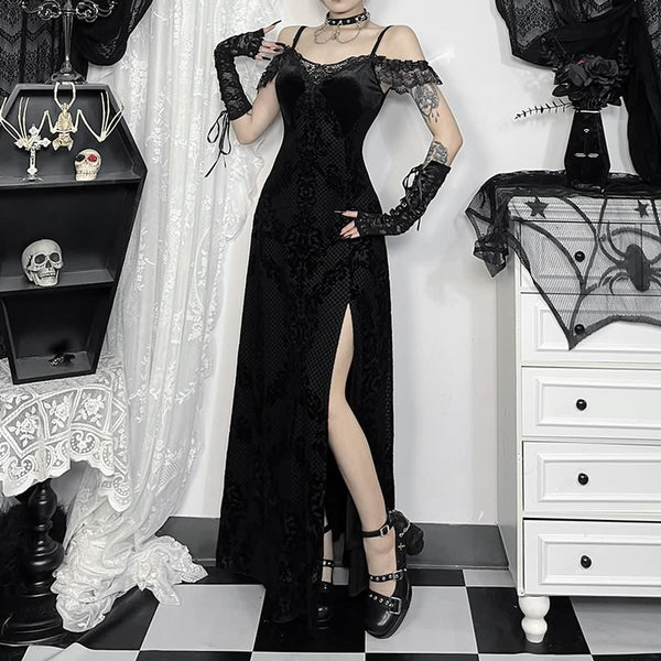 Black Velvet Gothic Thigh-High Slit Dress - Vedlit