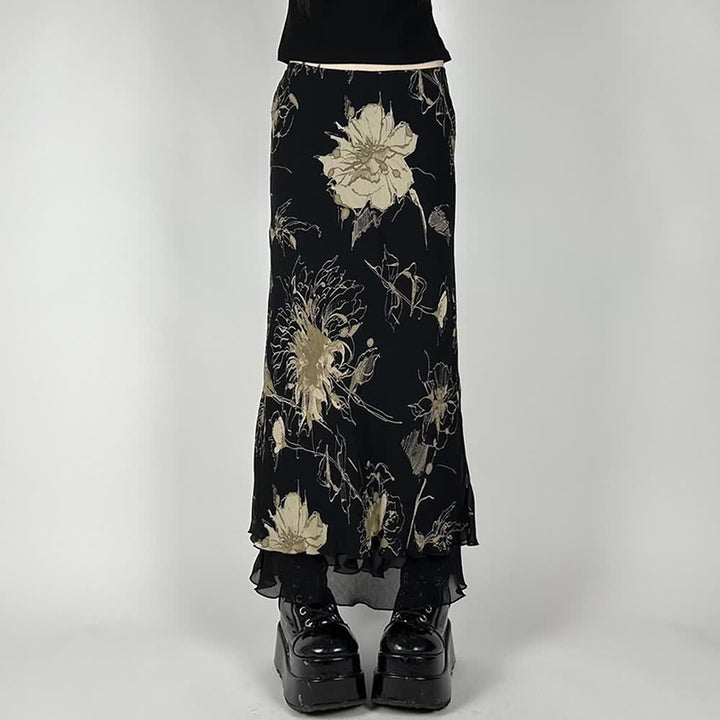 Black Vintage Y2K Floral Maxi Skirt - Vedlit