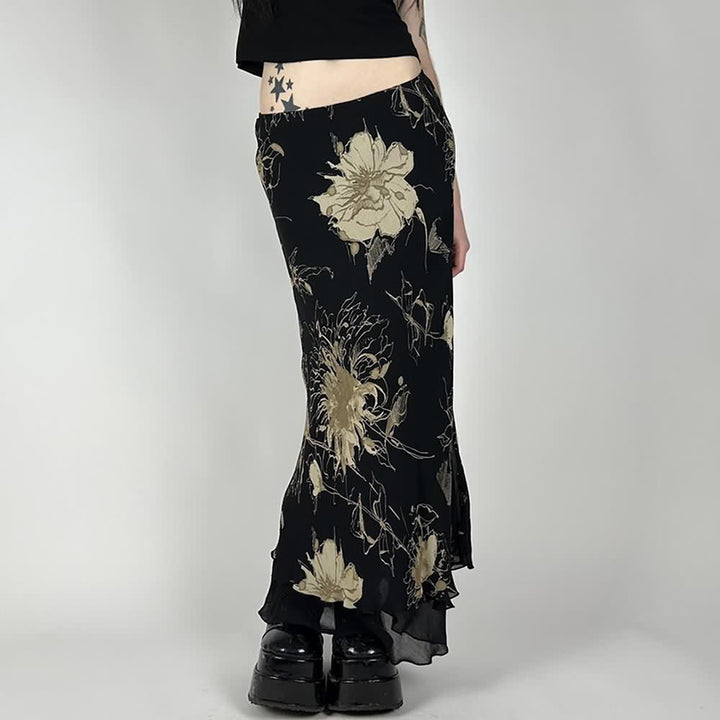 Black Vintage Y2K Floral Maxi Skirt - Vedlit