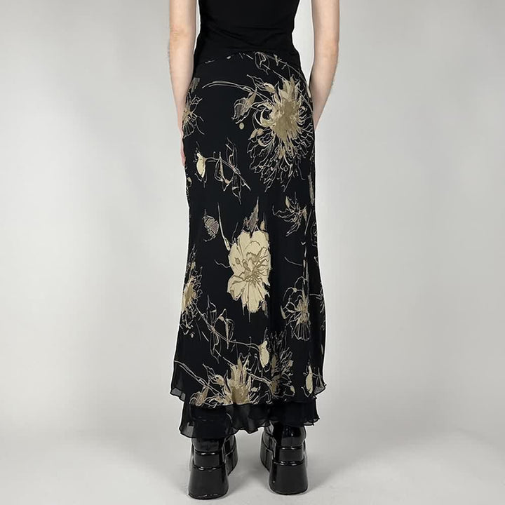 Black Vintage Y2K Floral Maxi Skirt - Vedlit