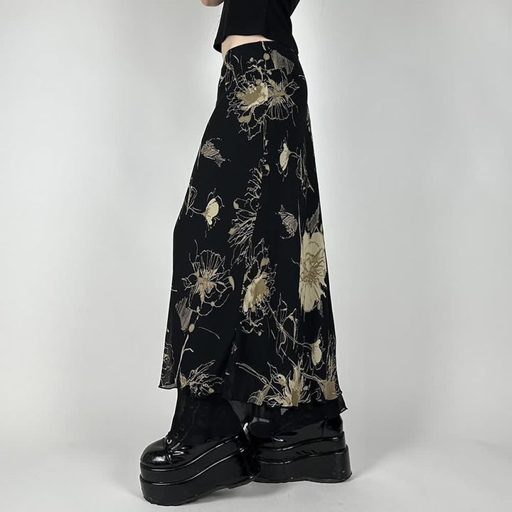 Black Vintage Y2K Floral Maxi Skirt - Vedlit