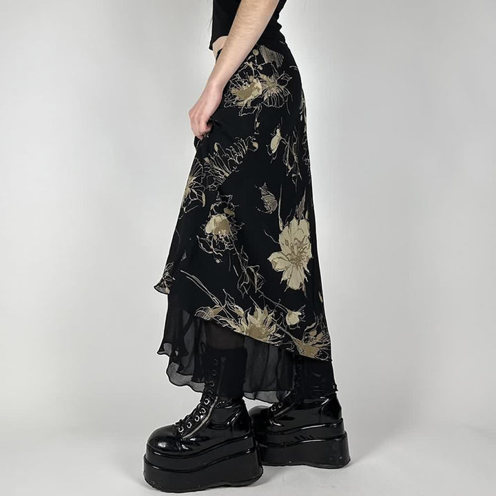 Black Vintage Y2K Floral Maxi Skirt - Vedlit